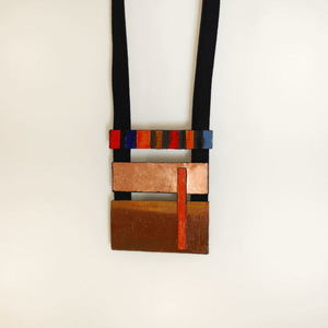 κοντό κολιέ με φύλλο χαλκού - handmade, ριγέ, καμβάς, χαλκός, ακρυλικό, χειροποίητα, all day, κοντά