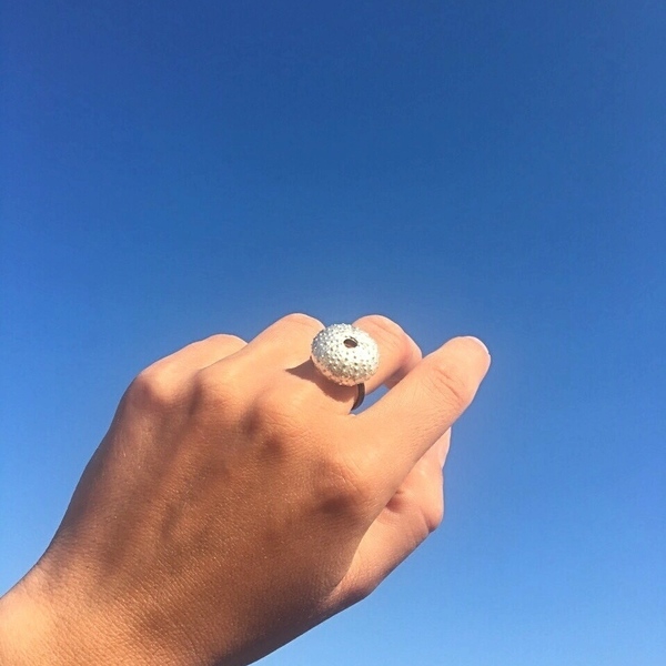 White Urchin Ring-Δαχτυλίδι Αχινός Από Πλατινωμένο Ασήμι 925 - statement, καλοκαιρινό, ασήμι 925, χειροποίητα, θάλασσα, αχινός - 2