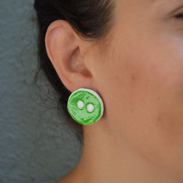 ''Green button'' earrings - ασήμι 925, σμάλτος, πηλός - 3