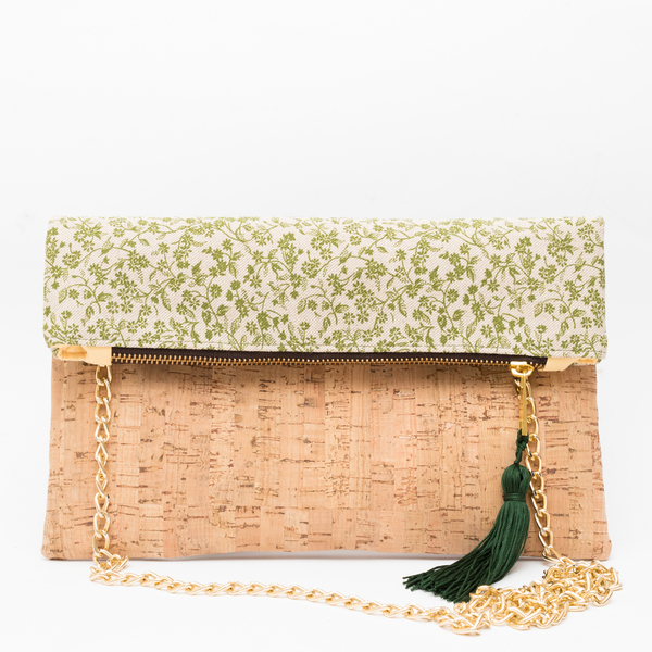 Τσάντα Φάκελος από Φελλό και Ύφασμα "Green Dianthus" - ύφασμα, αλυσίδες, φάκελοι, με φούντες, χιαστί, τσάντα, χειροποίητα, φελλός, μεταλλικά στοιχεία