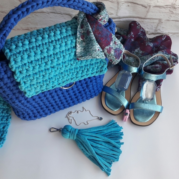 Μπλε πλεκτή ΤΟΤΕ τσάντα - ώμου, δώρο, crochet, βελονάκι, πλεκτές τσάντες, δώρα για γυναίκες - 2