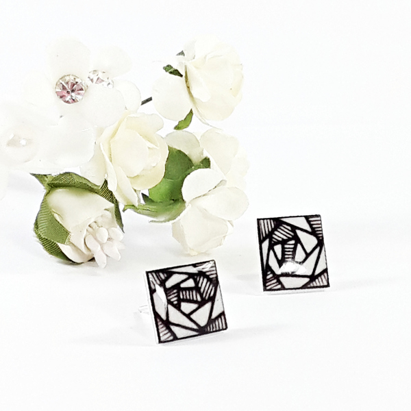 Stud earrings ''plexi'' | Roses black white - unique, φθηνά