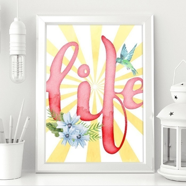 Art Print με την λέξη Life ζωγραφισμένο και διακοσμημένο με στοιχεία νερομπογιάς - εκτύπωση, χαρτί, διακόσμηση, αφίσες - 3