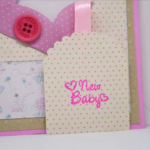 Kάρτα "NEW BABY GIRL!" - κορίτσι, χαρτί, χειροποίητα, κουμπί, βρεφικά, γέννηση - 3