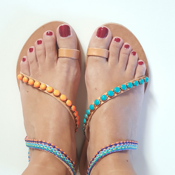 Boho sandals no.39 - δέρμα, πέτρες, boho, φλατ, Black Friday, ankle strap, φθηνά