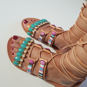 Χειροποιητα σανδαλια Boho sandals no.38 - πέτρες, boho, gladiator, φλατ, Black Friday - 2