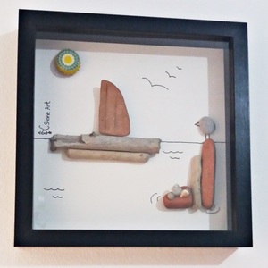NEW!!! Stone Art "Sailing and Dreams" - διακοσμητικό, ξύλο, γυαλί, ιδιαίτερο, μοναδικό, πίνακες & κάδρα, επιτοίχιο, κοχύλι, πέτρες, πέτρες, δωράκι, minimal, unique