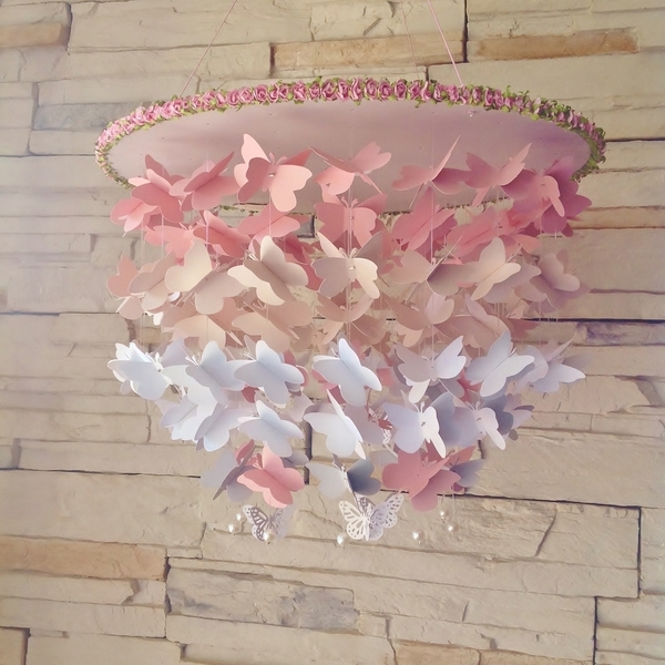 Pink & Blue grey φωτιστικό με πεταλούδες - κορίτσι, χειροποίητα, δώρα για βάπτιση, romantic, πεταλούδες, παιδικό δωμάτιο, παιδική διακόσμηση, οροφής, παιδικά φωτιστικά, φωτιστικά οροφής - 2
