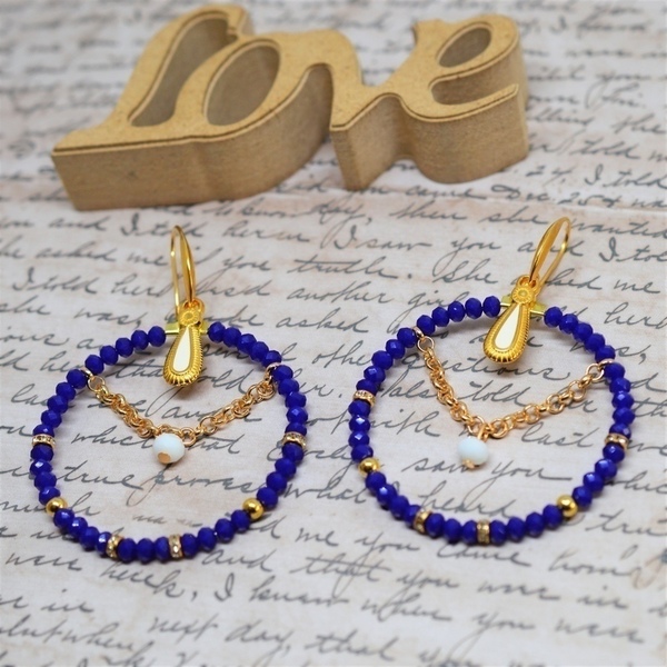 Σκουλαρίκια rings Blue / Gold S3288 - αλυσίδες, σκουλαρίκια, χειροποίητα σκουλαρίκια με πέρλε, κρίκοι, χάντρες, μεγάλα - 4