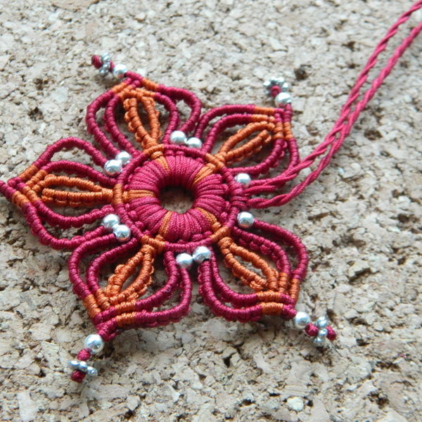 Flower -- Macrame necklace - handmade, κορίτσι, δώρο, μακραμέ, κολιέ, κορδόνια, χειροποίητα, romantic, λουλούδι, μεταλλικά στοιχεία - 3