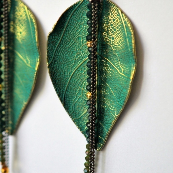 Σκουλαρίκια leaves /Green S3322 - ορείχαλκος, δέντρα, χειροποίητα σκουλαρίκια με πέρλε, φύλλο, μεταλλικά στοιχεία - 2