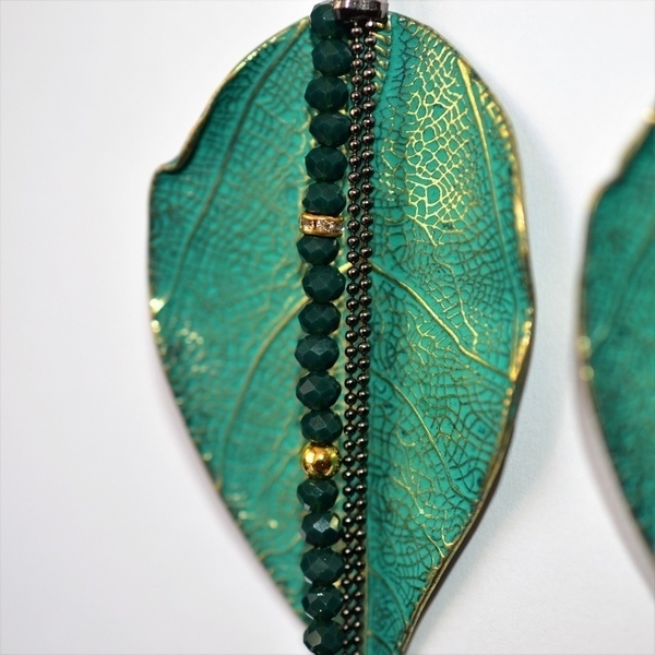 Σκουλαρίκια leaves /Green S3322 - ορείχαλκος, δέντρα, χειροποίητα σκουλαρίκια με πέρλε, φύλλο, μεταλλικά στοιχεία - 3