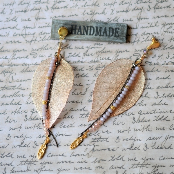 Σκουλαρίκια leaves / Nude/rose gold S3328 - σκουλαρίκια, χειροποίητα σκουλαρίκια με πέρλε, χάντρες, φύλλο, φύλλο, μακριά - 3