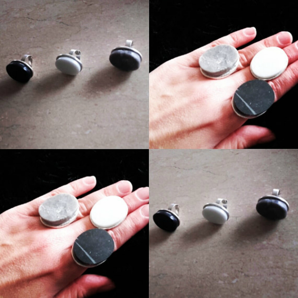 Δαχτυλίδι οβάλ από γκρι μάρμαρο Κρήτης και ορείχαλκο - statement, ημιπολύτιμες πέτρες, fashion, μοντέρνο, αλπακάς, δαχτυλίδι, γεωμετρικά σχέδια, χειροποίητα, μεγάλα, gift idea, αυξομειούμενα - 4