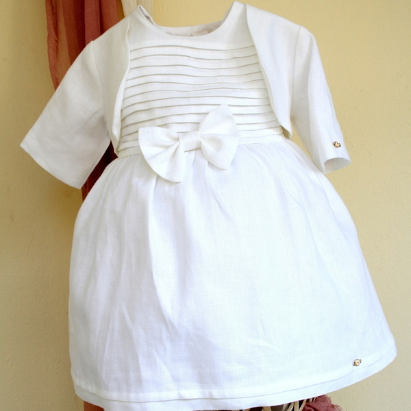 Βαπτιστικό φόρεμα λευκό λινό με φιόγκο - φιόγκος, κορίτσι, βαπτιστικά, μάτι, παιδικά ρούχα