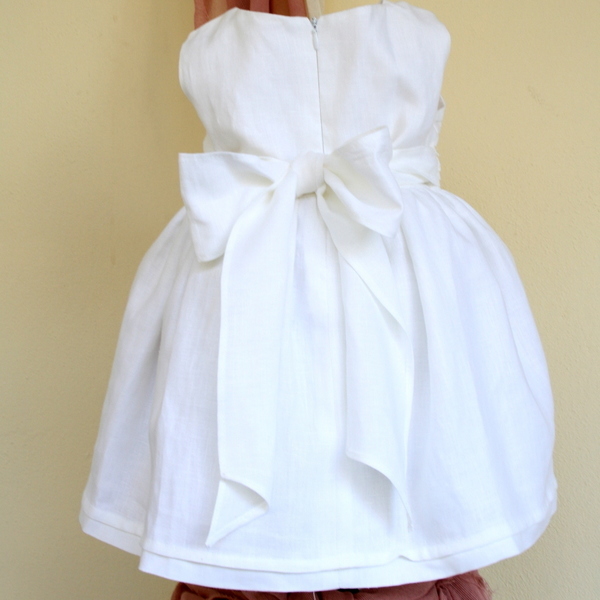 Βαπτιστικό φόρεμα λευκό λινό με φιόγκο - φιόγκος, κορίτσι, βαπτιστικά, μάτι, παιδικά ρούχα - 2
