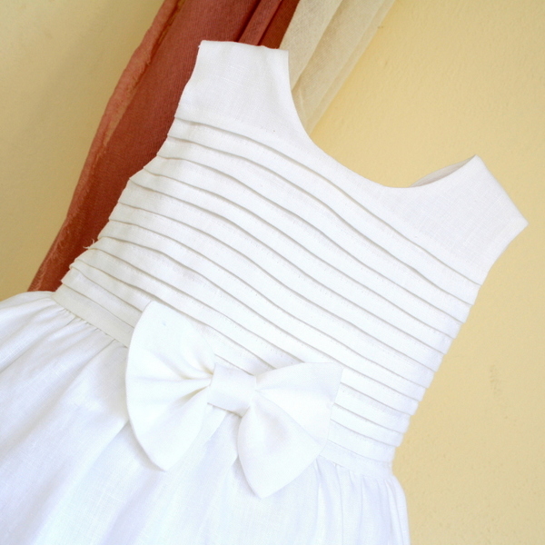 Βαπτιστικό φόρεμα λευκό λινό με φιόγκο - φιόγκος, κορίτσι, βαπτιστικά, μάτι, παιδικά ρούχα - 5