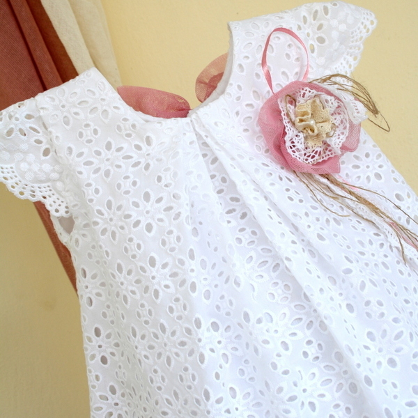 Βαπτιστικό καπέλο & φόρεμα λευκό ριχτό με ροζ λουλούδι - βαπτιστικά, παιδικά ρούχα - 3