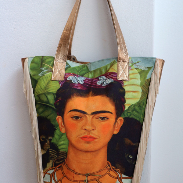 leather bag Frida Kahlo - δέρμα, δέρμα, ύφασμα, γυναικεία, χειροποίητα, κρόσσια, frida kahlo