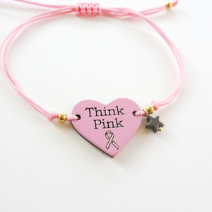 "Think Pink" βραχιόλι καρδούλα για την εκστρατεία κατά του καρκίνου του μαστού - ημιπολύτιμες πέτρες, chic, charms, ιδιαίτερο, μοναδικό, καρδιά, αστέρι, αιματίτης, αιματίτης, πρωτότυπο, κορδόνια, χειροποίητα, romantic, plexi glass, bracelet, αυξομειούμενα