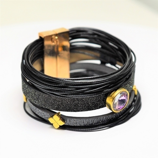 Βραχιολι black/Grey glitter flat cord /Light Rose V1543 - ημιπολύτιμες πέτρες, βραδυνά, μοναδικό, γυναικεία, επιχρυσωμένα, γκλίτερ, rock, σταθερά, πολύσειρα