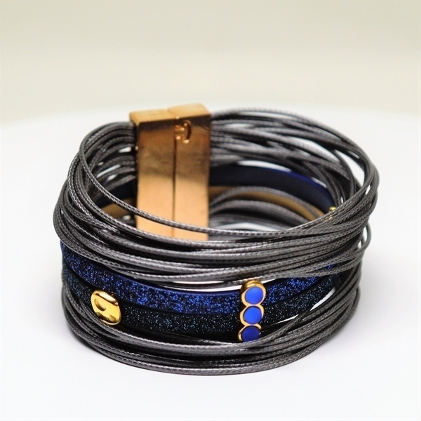 Βραχιολι Gunmetal/Blue glitter flat cord V1545 - βραδυνά, μοναδικό, γκλίτερ, σταθερά, πολύσειρα, έλληνες σχεδιαστές