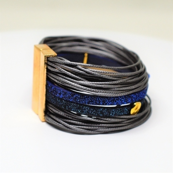 Βραχιολι Gunmetal/Blue glitter flat cord V1545 - βραδυνά, μοναδικό, γκλίτερ, σταθερά, πολύσειρα, έλληνες σχεδιαστές - 2