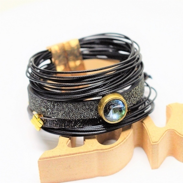 Βραχιολι black/Grey glitter flat cord /Green V1546 - βραδυνά, χειροποίητα, bracelet, σταθερά, πολύσειρα - 2