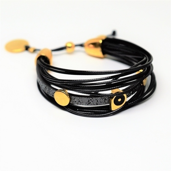 Βραχιολι black/Grey glitter flat cord V1549 - δέρμα, βραδυνά, κορδόνια, χειροποίητα, rock, πολύσειρα, αυξομειούμενα