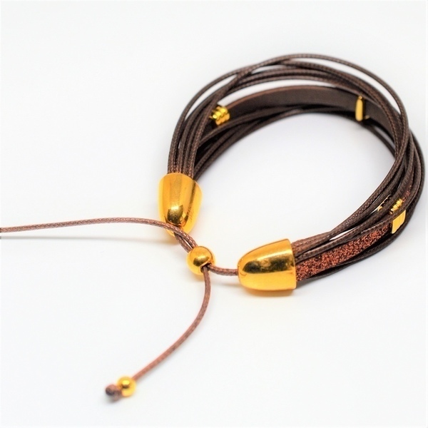 Βραχιόλι Brown /Brown glitter flat cord/ gold V1551 - μοντέρνο, κορδόνια, χειροποίητα, πολύσειρα, έλληνες σχεδιαστές, αυξομειούμενα - 2