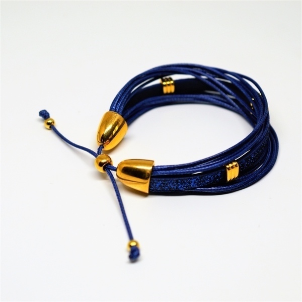 Βραχιόλι Blue /Blue glitter flat cord/ gold V1552 - βραδυνά, μοναδικό, κορδόνια, χειροποίητα, πολύσειρα, έλληνες σχεδιαστές, αυξομειούμενα - 2