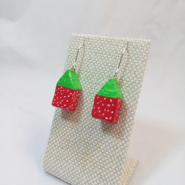 Strawberry house earrings - ασήμι, ασήμι 925, κορίτσι, πουά, πηλός, cute, σκουλαρίκια, πρωτότυπα, χειροποίητα σκουλαρίκια με πέρλε, σπιτάκι, μικρά, κρεμαστά - 3