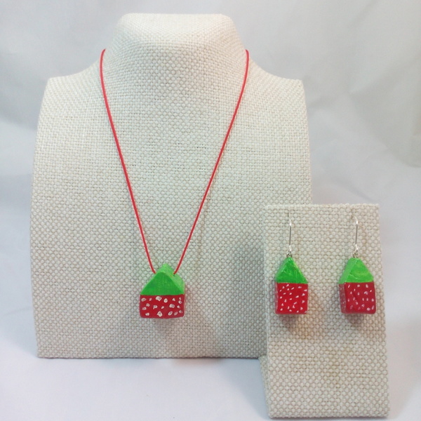 Strawberry house earrings - ασήμι, ασήμι 925, κορίτσι, πουά, πηλός, cute, σκουλαρίκια, πρωτότυπα, χειροποίητα σκουλαρίκια με πέρλε, σπιτάκι, μικρά, κρεμαστά - 4