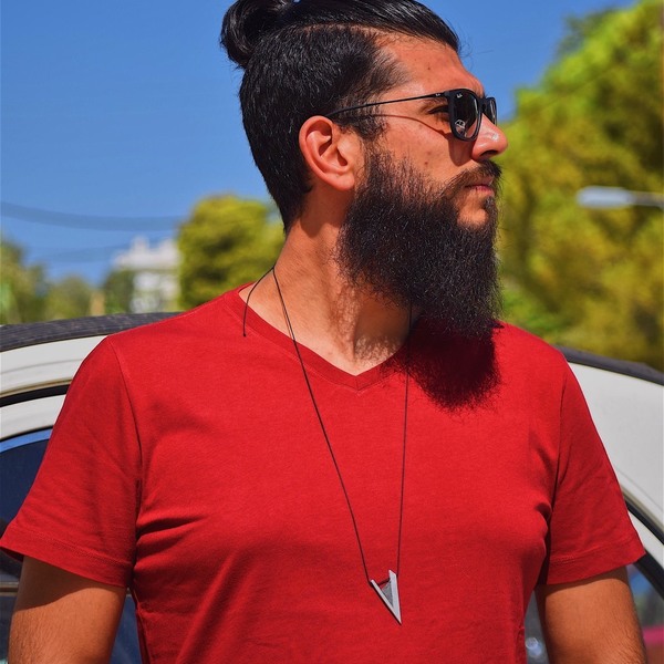Μακρύ ανδρικό κολιέ με V στοιχείο και τσιμέντο - μοντέρνο, ορείχαλκος, μακρύ, τσιμέντο, κολιέ, κορδόνια, γεωμετρικά σχέδια, minimal, unisex, κρεμαστά, δώρα για άντρες - 5