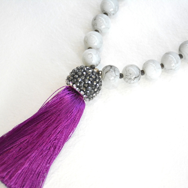 Grey marble purple tassel - μετάξι, στρας, μακρύ, χάντρες, μακριά, all day, must αξεσουάρ, boho - 3