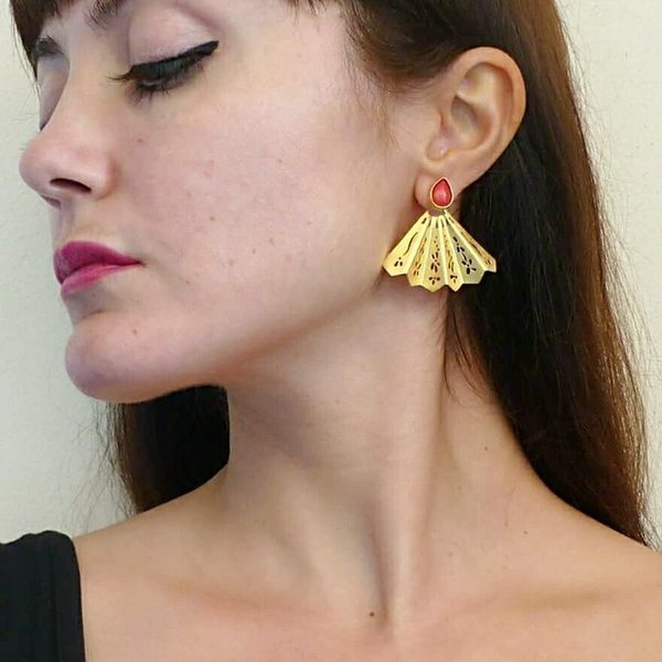 Fan Earrings-Σκουλαρίκια Βεντάλια από Επιχρυσωμένο Ασήμι 925 με Κοράλλι - κοράλλι, κοράλλι, επιχρυσωμένα, χειροποίητα - 3
