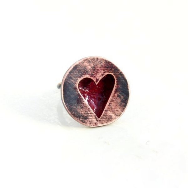Δαχτυλίδι ημισφαίριο με κόκκινη καρδιά - statement, χαλκός, σύρμα, καρδιά, δαχτυλίδι, αυξομειούμενα