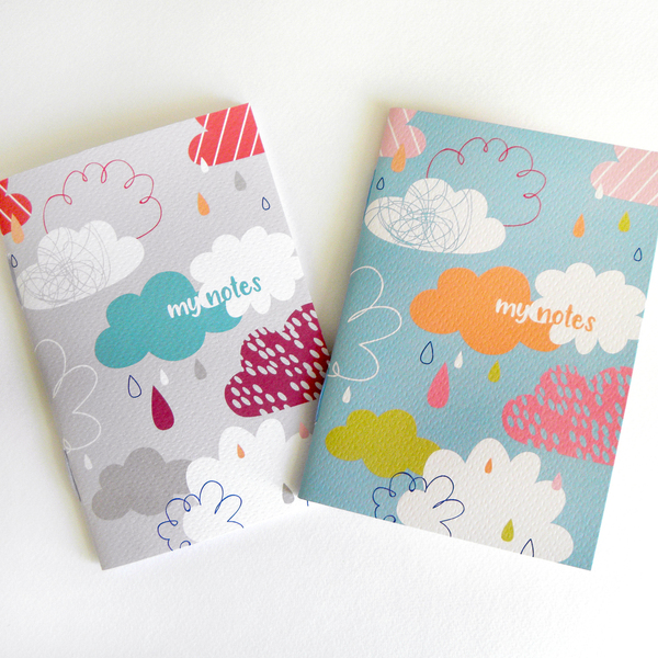 Χειροποίητα σημειωματάρια "Σύννεφα+Βροχή", Notebook - εκτύπωση, πολύχρωμο, μοναδικό, χαρτί, τετράδια & σημειωματάρια