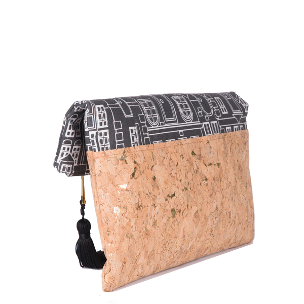 Τσάντα Φάκελος από Φελλό και Ύφασμα "City Bag" - ύφασμα, αλυσίδες, chic, βραδυνά, φάκελοι, με φούντες, χιαστί, τσάντα, χειροποίητα, must αξεσουάρ, φελλός, μεταλλικά στοιχεία - 2
