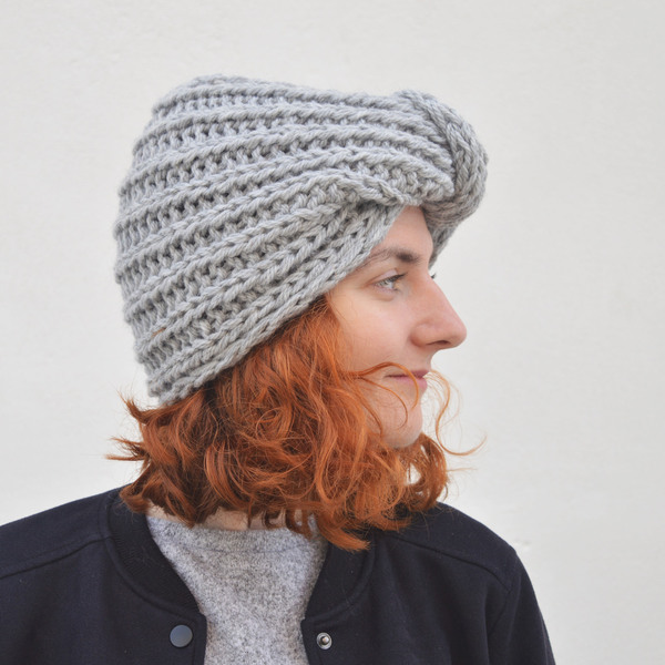 Χειροποίητο knitted τουρμπάνι GREY - μαλλί, πλεκτό, στυλ, χειροποίητα, καπέλα, τουρμπάνι, turban, σκουφάκια, headbands - 2