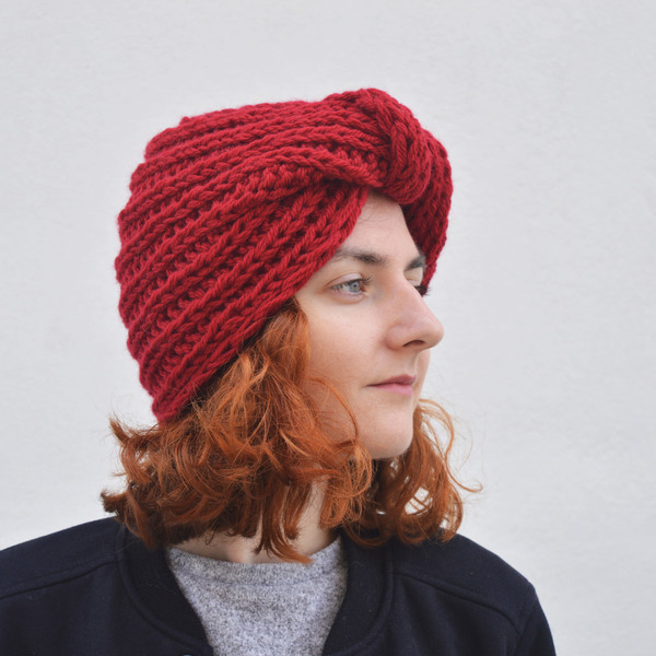 Χειροποίητο knitted τουρμπάνι RED - μαλλί, πλεκτό, στυλ, χειροποίητα, καπέλα, τουρμπάνι, turban, σκουφάκια, headbands - 2
