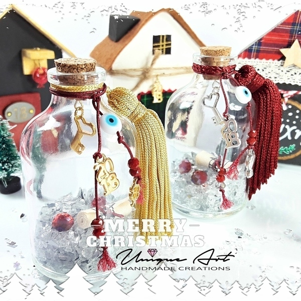 Christmas in a bottle! | Γούρι 2018 | Red - διακοσμητικό, γυαλί, γούρι, ορείχαλκος, κρύσταλλα, με φούντες, διακόσμηση, κλειδί, πρωτότυπο, χριστουγεννιάτικο, διακοσμητικά - 2