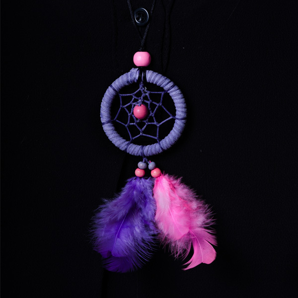 Κολιέ Ονειροπαγίδα Μωβ - Ροζ - φτερό, ονειροπαγίδα, κολιέ, κορδόνια, μακριά, boho, μακραμέ κούμπωμα, αυξομειούμενα - 5