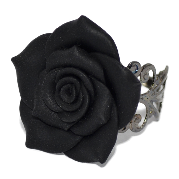 Ροκ γυναικείο δαχτυλίδι μαύρο τριαντάφυλλο - statement, γυναικεία, τριαντάφυλλο, πηλός, δαχτυλίδι, rock, μεγάλα, αυξομειούμενα