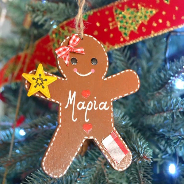 Ξύλινο, χριστουγεννιάτικο στολίδι Gingerbread ανθρωπάκι, ύψους 10 εκ. προσωποποιημένο και ζωγραφισμένο στο χέρι - ξύλο, δώρα για παιδιά, στολίδια, προσωποποιημένα - 2