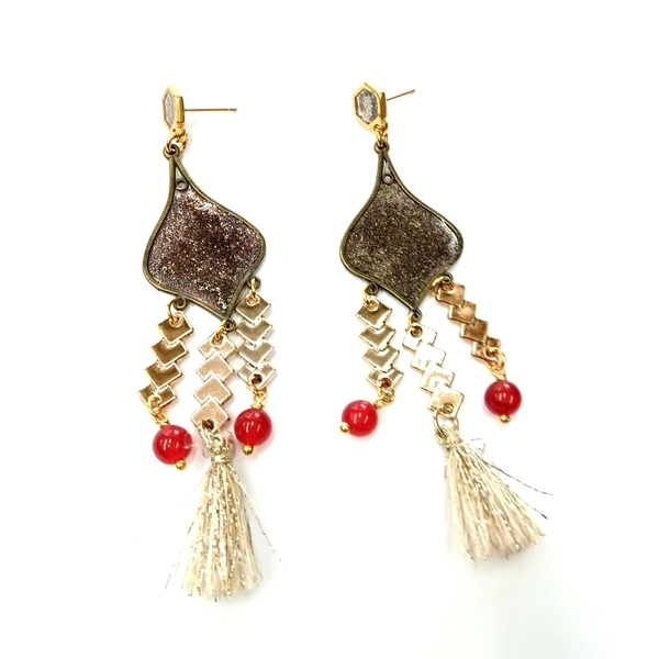 Boho earrings - ημιπολύτιμες πέτρες, γυαλί, νεφρίτης, με φούντες, boho, μεταλλικά στοιχεία, Black Friday