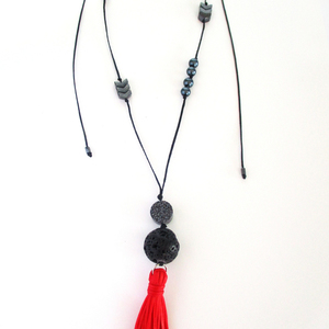 Boho necklace - ημιπολύτιμες πέτρες, ιδιαίτερο, μοντέρνο, λάβα, με φούντες, αιματίτης, κορδόνια, γεωμετρικά σχέδια, μακριά, unique, boho, rock, αυξομειούμενα - 2