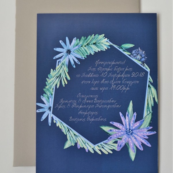 Μπλε προσκλητήρια γάμου με λουλούδια - χαρτί, λουλούδια, γάμου, αναμνηστικά