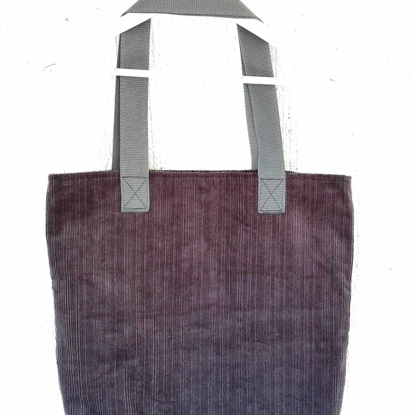 Κοτλε γκρι shopping bag - γυναικεία, ώμου, τσάντα, χειροποίητα, μεγάλες, αξεσουάρ, minimal, φθηνές - 2