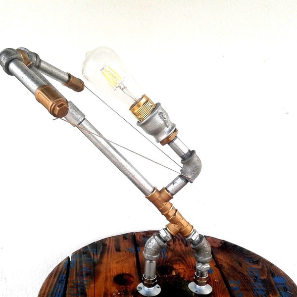 Επιτραπέζιο Χειροποίητο Φωτιστικό Τόξο, Iron Pipe Lamp Bullet Arc Rustic Vintage Industrial - ξύλο, vintage, πορτατίφ